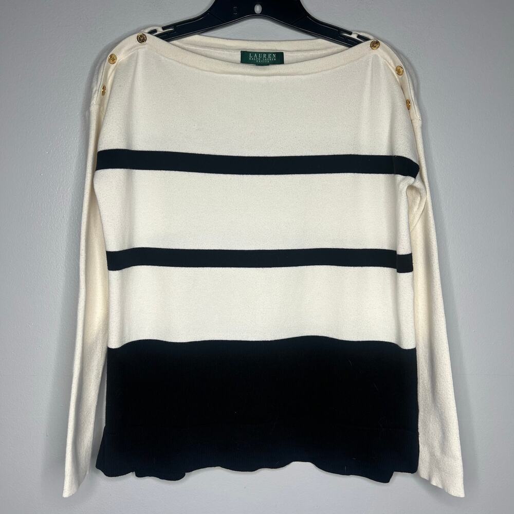 Lauren Ralph Lauren Striped Sweater‎ Gold Button Boat Neck Sz PS Preppy Nautical